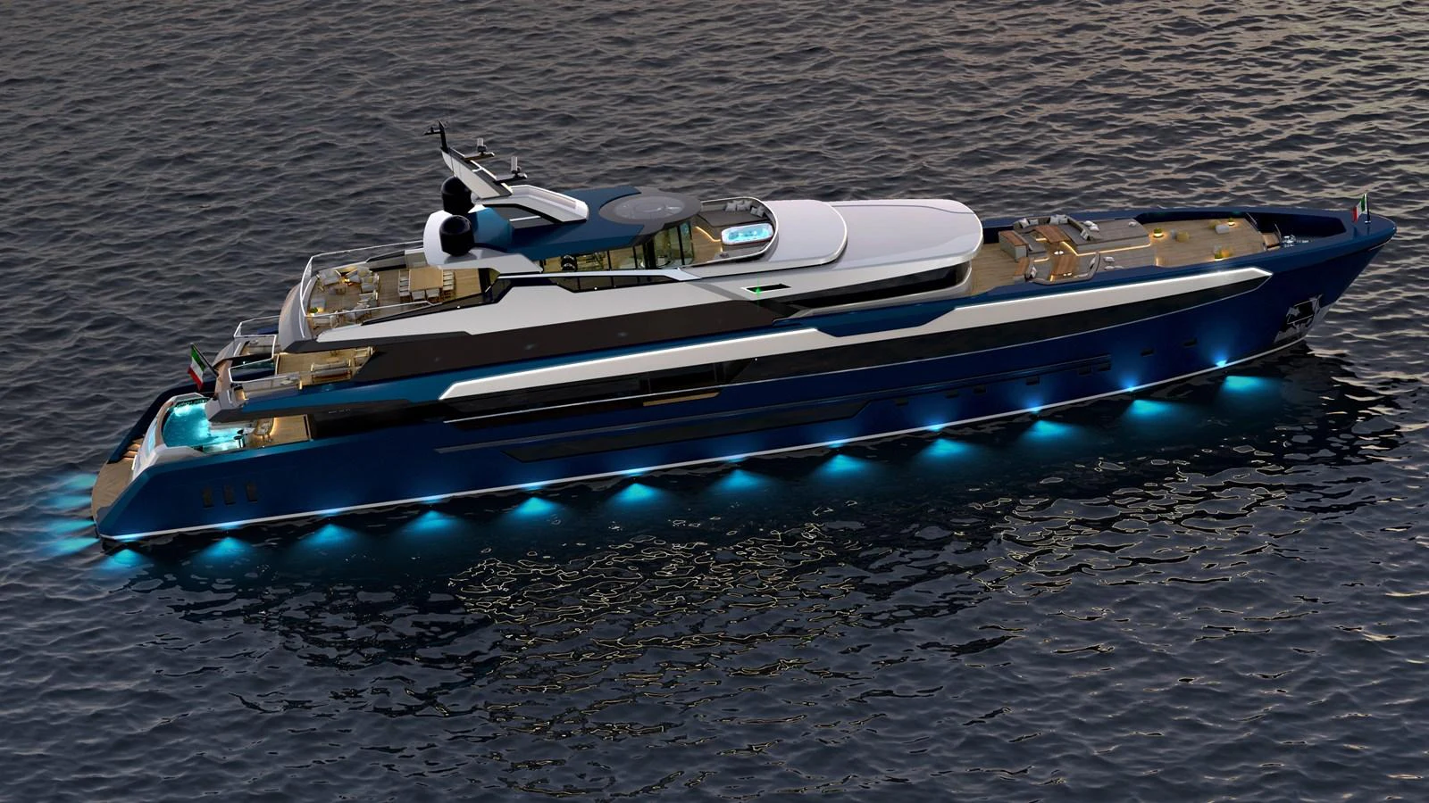 A sleek and modern yacht with elegant lighting, cruising on calm waters at dusk. aboard BWA 60 Yacht for Sale