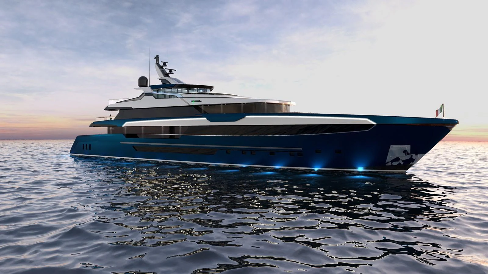 A sleek and modern yacht glides through calm waters at sunset. aboard BWA 60 Yacht for Sale