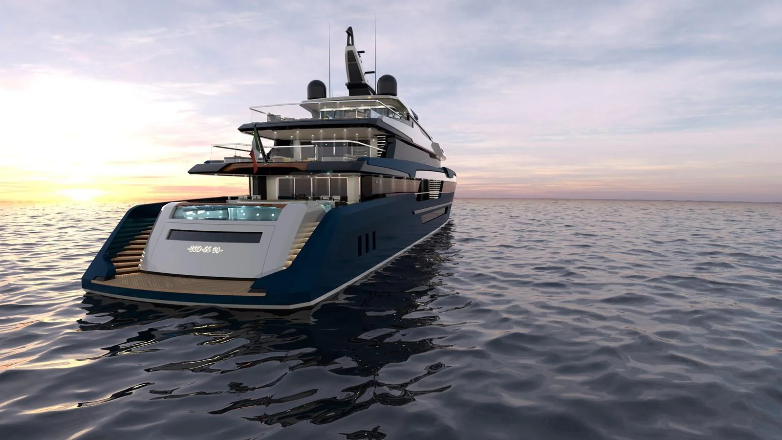 A luxurious yacht cruising on calm waters at sunset, showcasing its sleek design and multiple decks. aboard BWA 60 Yacht for Sale