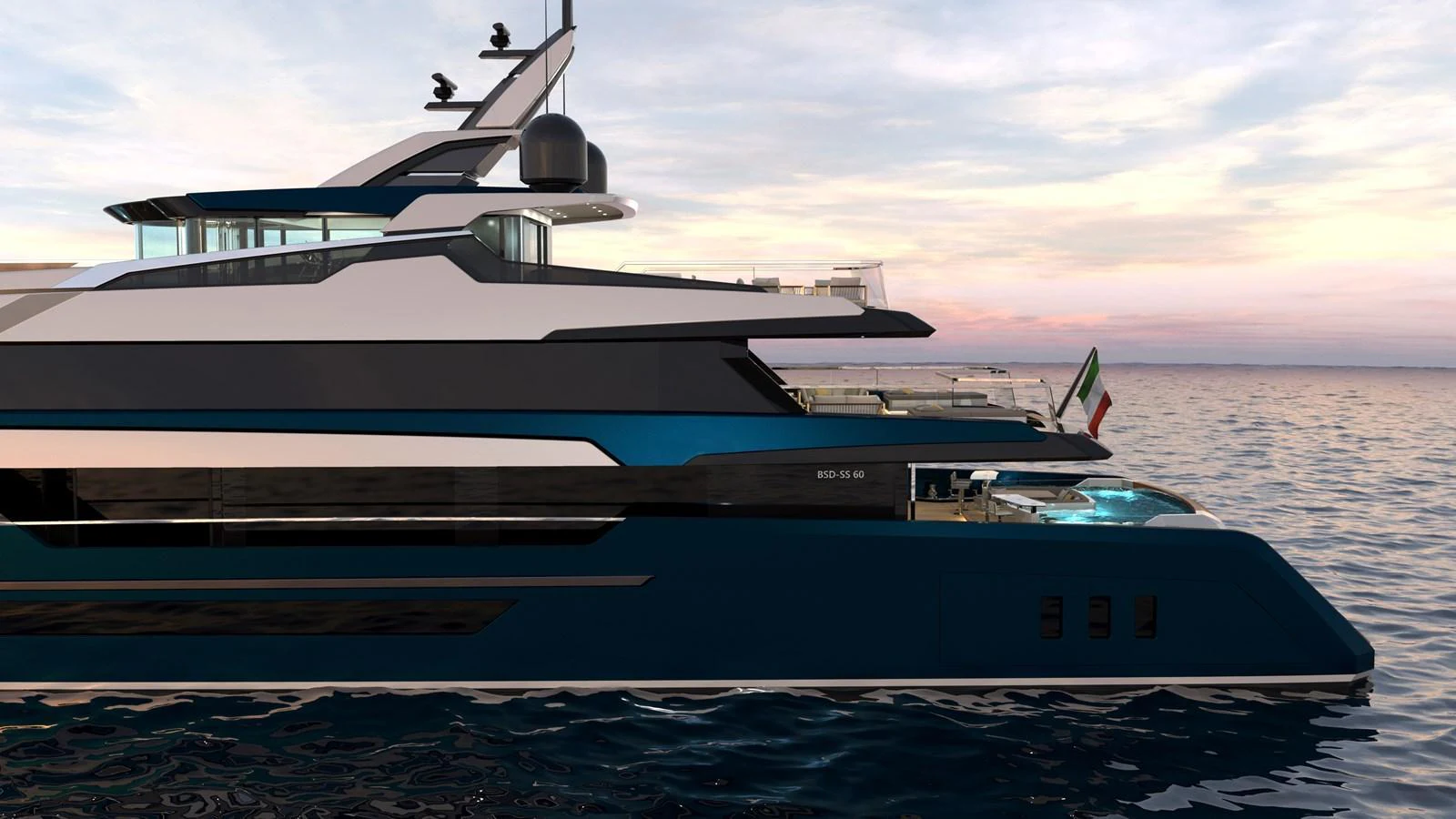 A sleek and modern yacht with a striking design is seen cruising on calm waters at sunset. aboard BWA 60 Yacht for Sale