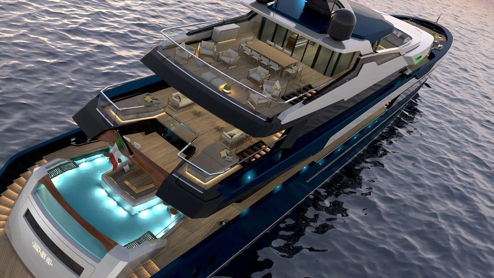 A luxurious yacht with an expansive aft deck featuring multiple seating areas and a pool, cruising on calm waters at sunset. aboard BWA 60 Yacht for Sale
