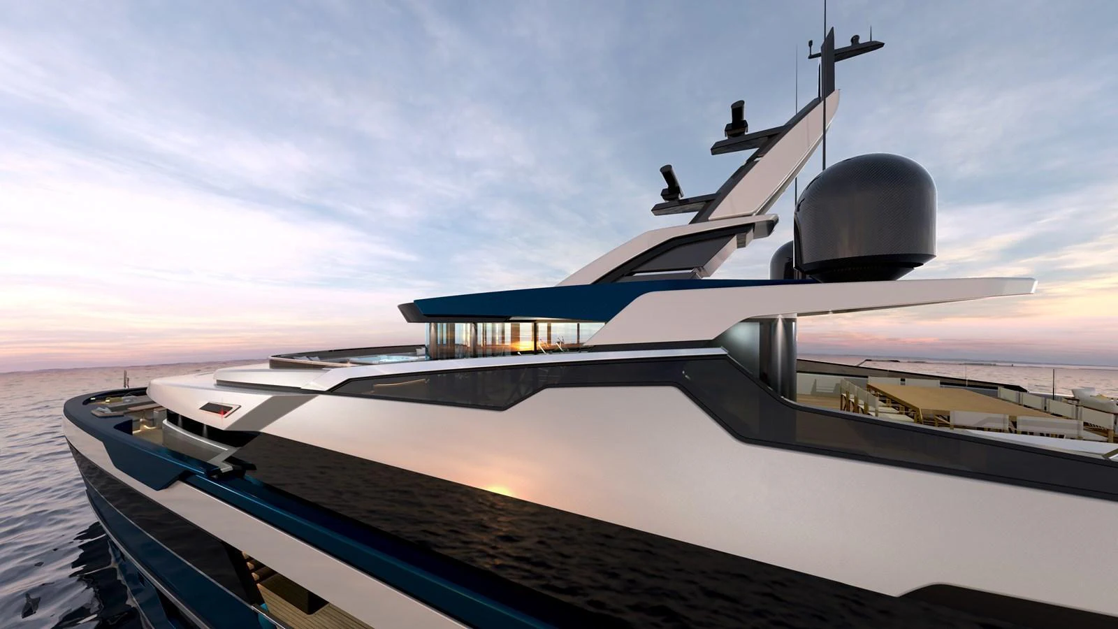 A sleek and modern yacht glides through calm waters at sunset, showcasing its elegant design and luxurious features. aboard BWA 60 Yacht for Sale