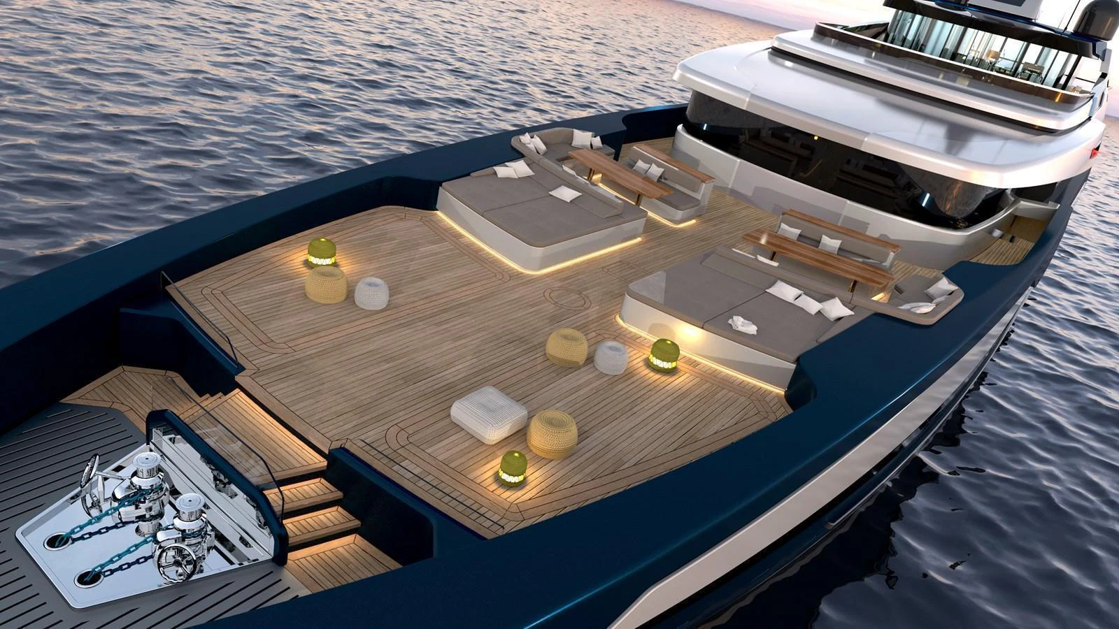 The yacht's aft deck features a spacious lounging area with modern seating and ambient lighting, perfect for relaxation. aboard BWA 60 Yacht for Sale