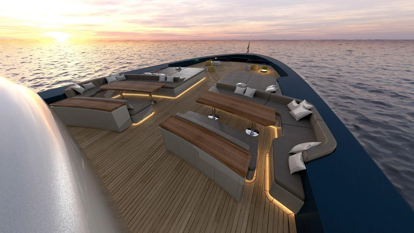 The foredeck offers a luxurious and spacious lounging area with elegant seating arrangements and ambient lighting, perfect for enjoying the sunset over the water. aboard BWA 60 Yacht for Sale