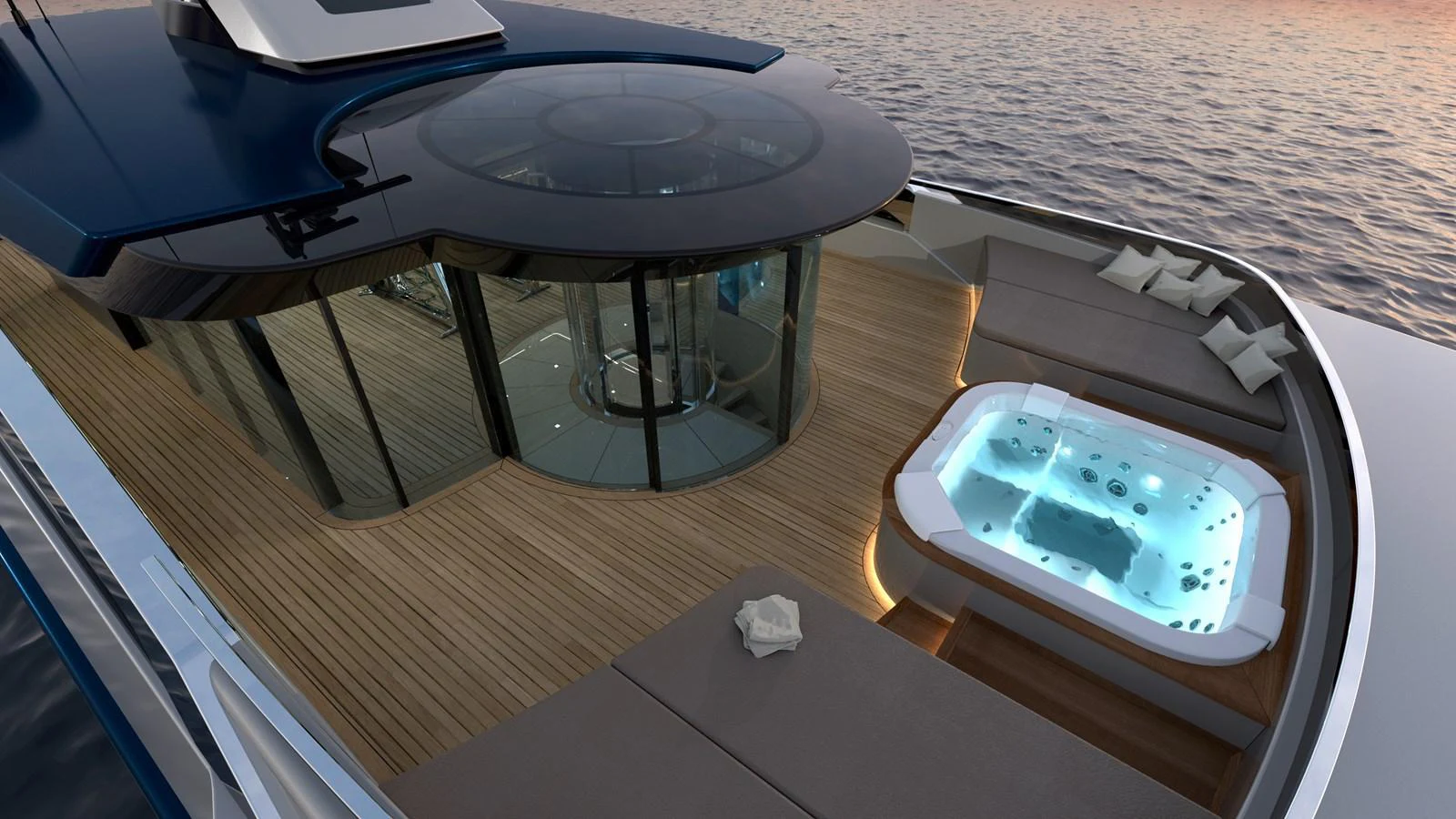 The sundeck features a luxurious hot tub and ample seating areas, perfect for relaxation. aboard BWA 60 Yacht for Sale