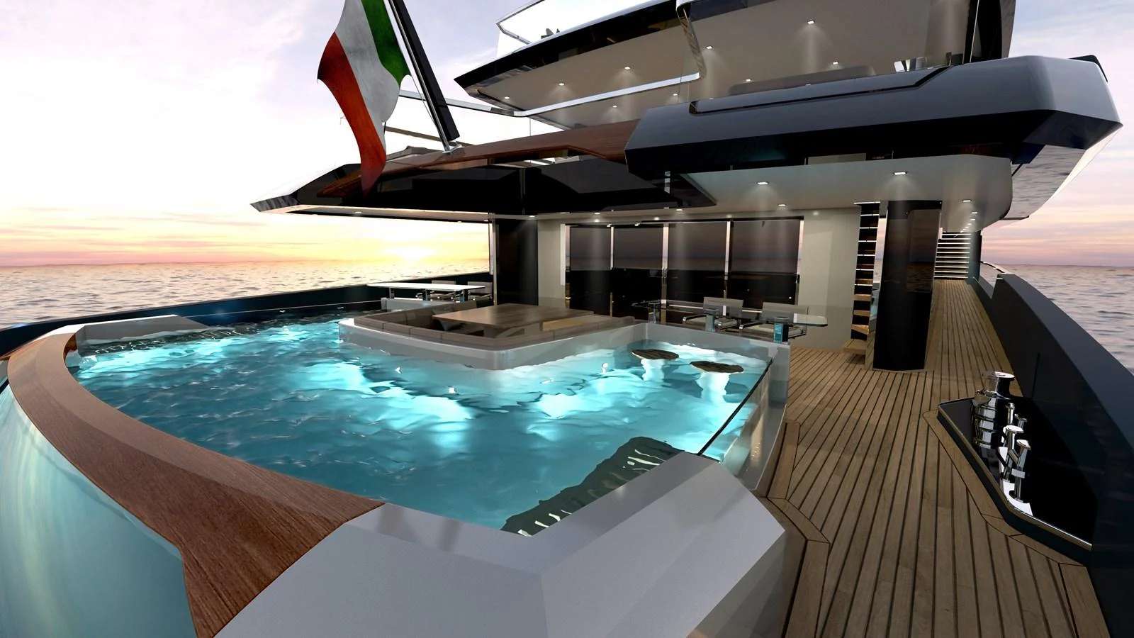 The aft deck features a luxurious pool with elegant lighting and ample lounging space, perfect for relaxation. aboard BWA 60 Yacht for Sale
