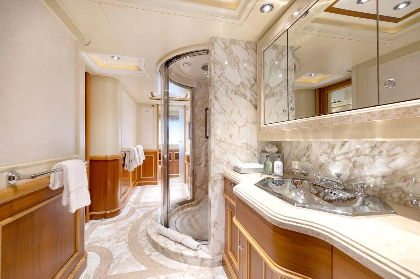 The luxurious bathroom features elegant marble surfaces and high-end fixtures. aboard EMOTION 2 Yacht for Sale