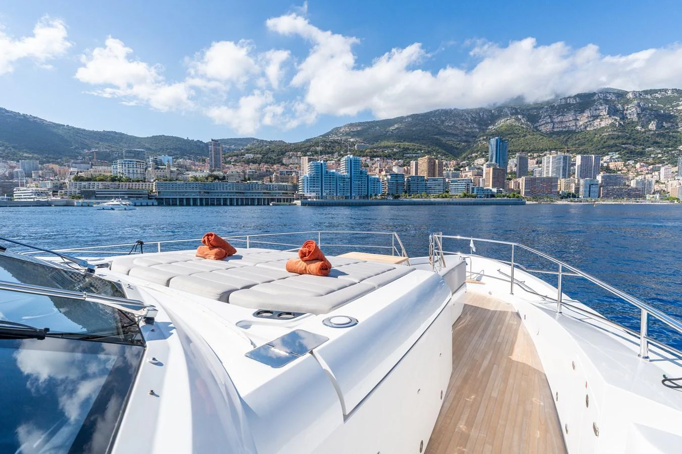 The yacht's foredeck offers a luxurious sunbathing area with stunning views of the coastline. aboard ALADDIN Yacht for Sale