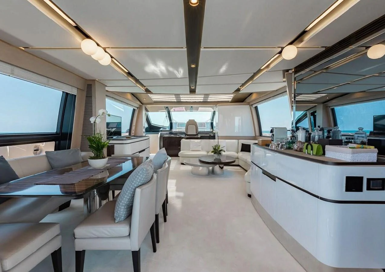 The yacht's salon exudes modern elegance with its spacious layout and luxurious furnishings. aboard LANCE WEST Yacht for Sale