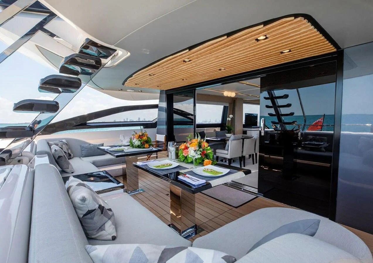 The yacht's salon offers a luxurious and spacious seating area with elegant decor and ample natural light. aboard LANCE WEST Yacht for Sale