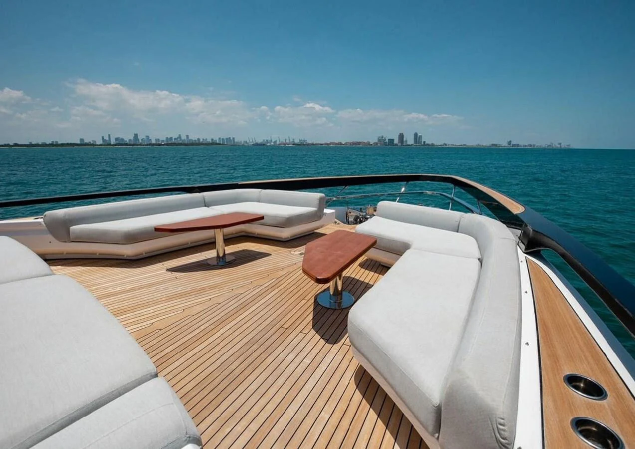 The foredeck features spacious and stylish seating with stunning ocean views. aboard LANCE WEST Yacht for Sale