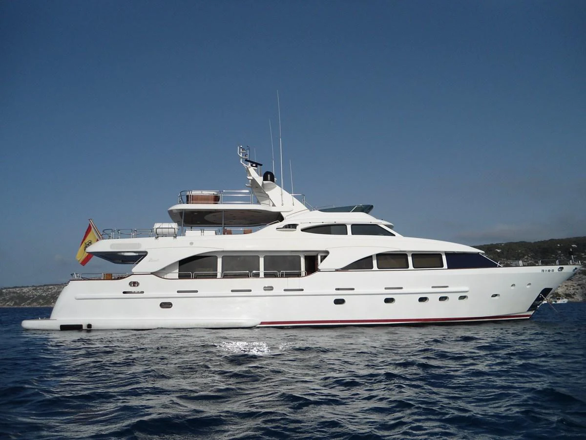 A sleek and elegant yacht cruising on calm waters under a clear blue sky. aboard ANYPA Yacht for Sale