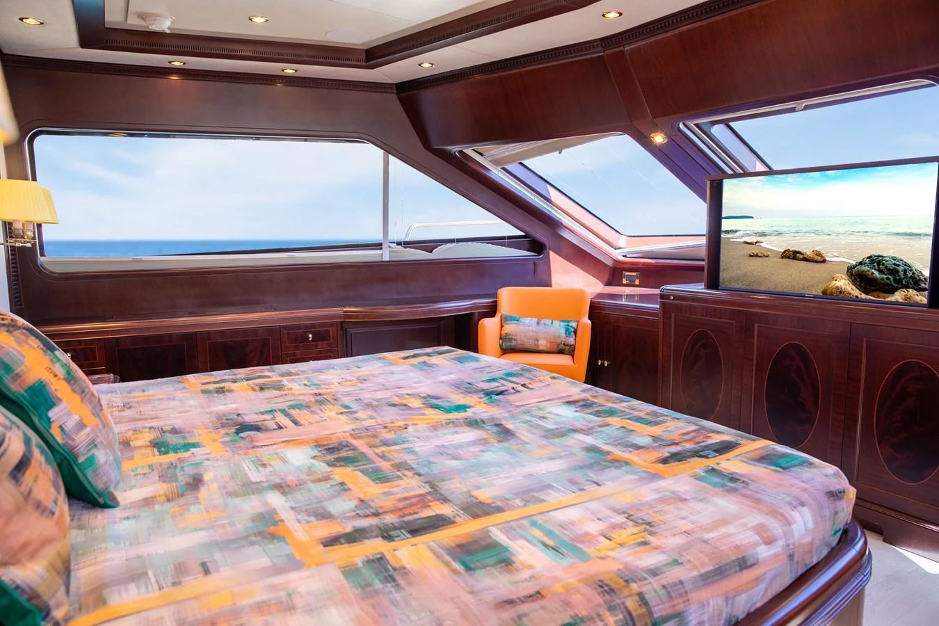 The master stateroom offers a luxurious and spacious retreat with panoramic views and elegant furnishings. aboard ANYPA Yacht for Sale