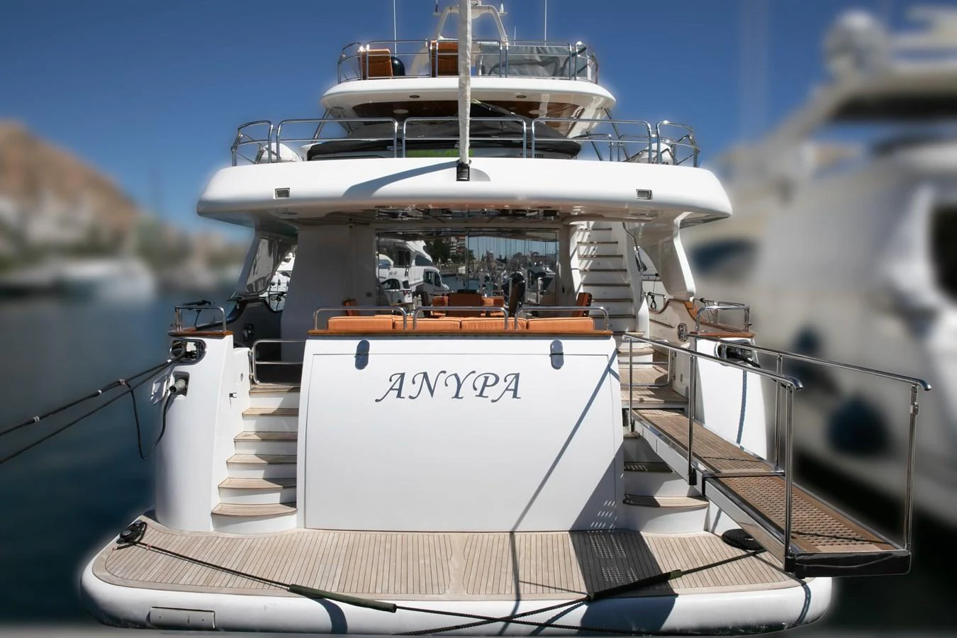 The yacht's aft deck features a spacious and inviting area for relaxation and entertainment. aboard ANYPA Yacht for Sale