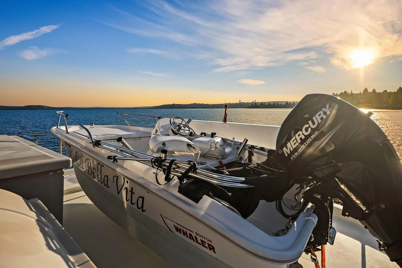 A sleek tender boat is secured on the deck, ready for adventures on the water. aboard LA BELLA VITA II Yacht for Sale