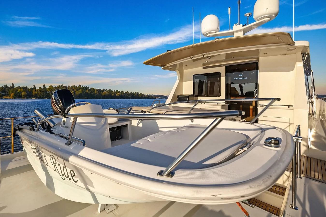 A sleek tender is securely mounted on the aft deck of the yacht, ready for adventure. aboard LA BELLA VITA II Yacht for Sale