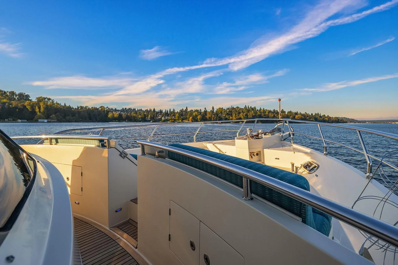 The yacht's aft deck offers a serene view of the water and surrounding landscape. aboard LA BELLA VITA II Yacht for Sale