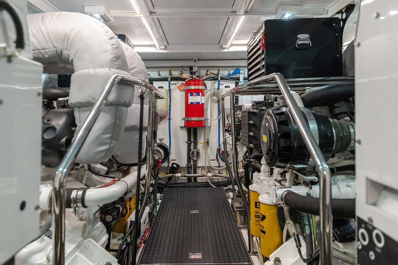 The engine room showcases a well-maintained and organized space with advanced machinery. aboard LA BELLA VITA II Yacht for Sale