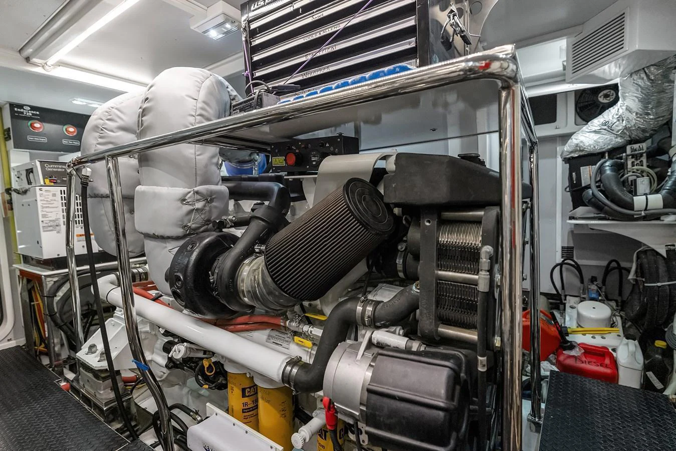 The image showcases the yacht's well-maintained engine room with advanced machinery and equipment. aboard LA BELLA VITA II Yacht for Sale