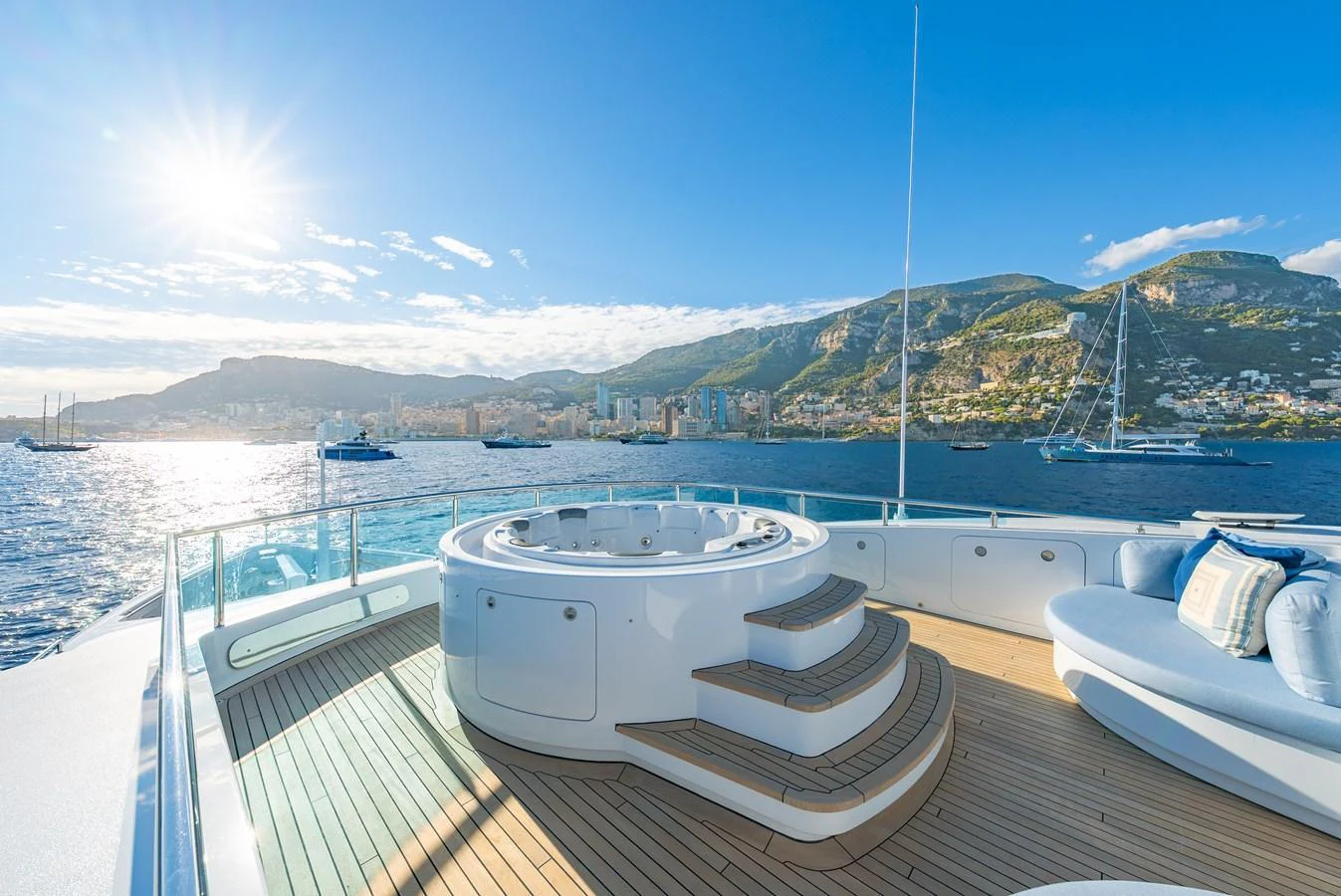 The sundeck features a luxurious hot tub with panoramic ocean views. aboard LATITUDE Yacht for Sale