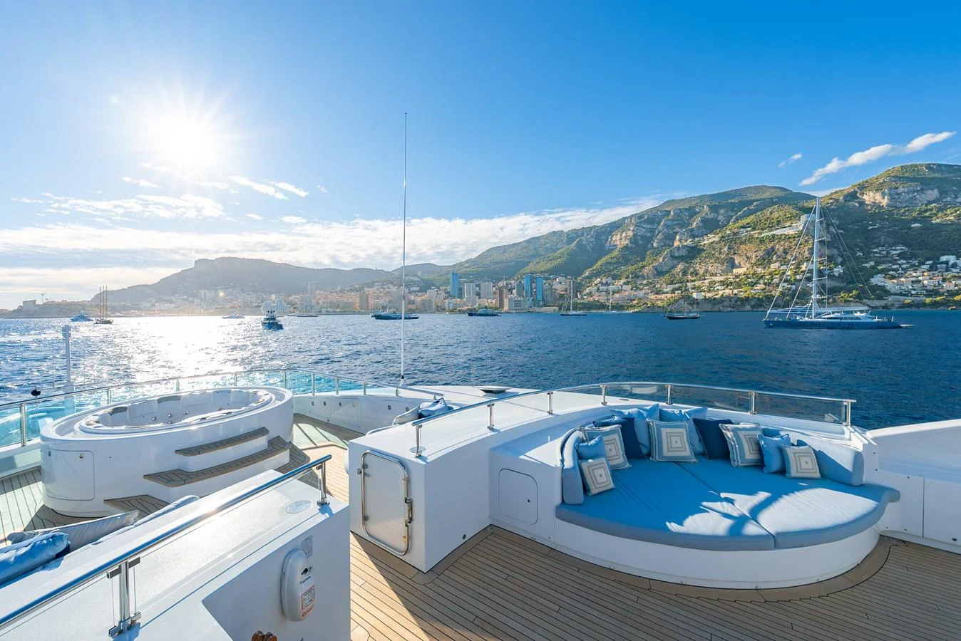 The sundeck offers luxurious lounging areas with stunning views of the surrounding waters and landscape. aboard LATITUDE Yacht for Sale