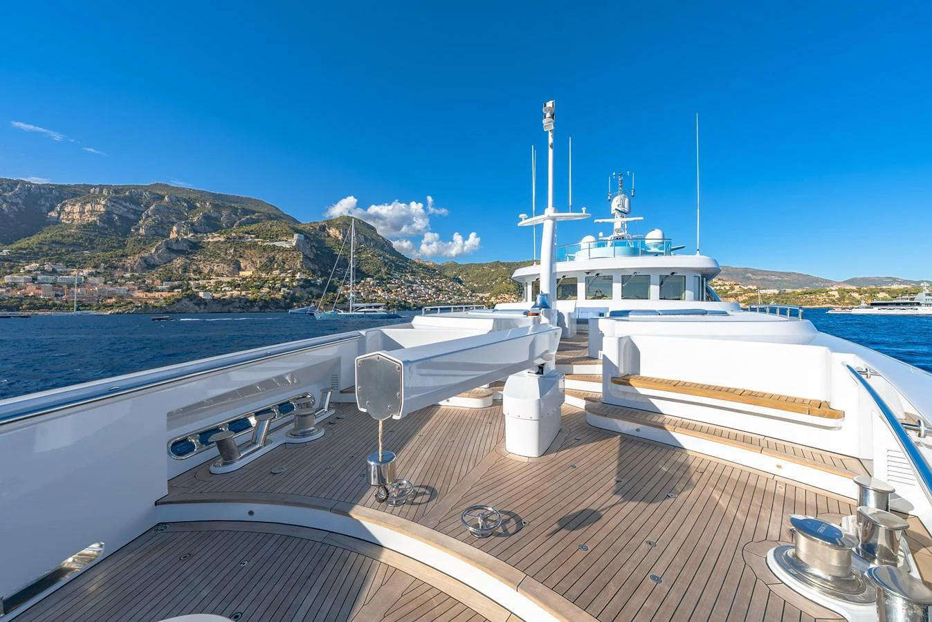 The foredeck of the yacht offers a spacious and inviting area with stunning views of the surrounding landscape. aboard LATITUDE Yacht for Sale