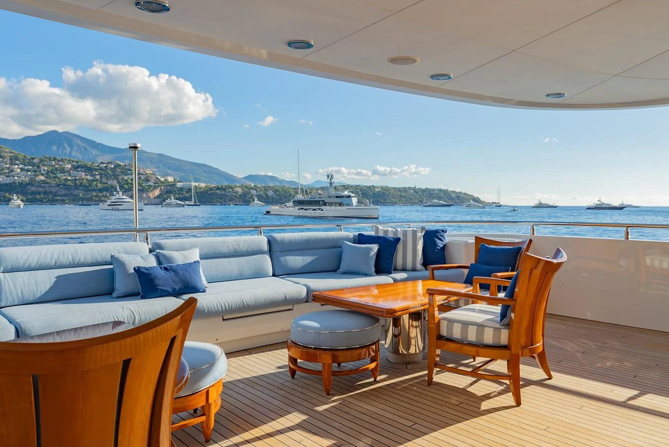The aft deck offers a comfortable seating area with stunning views of the surrounding waters. aboard LATITUDE Yacht for Sale