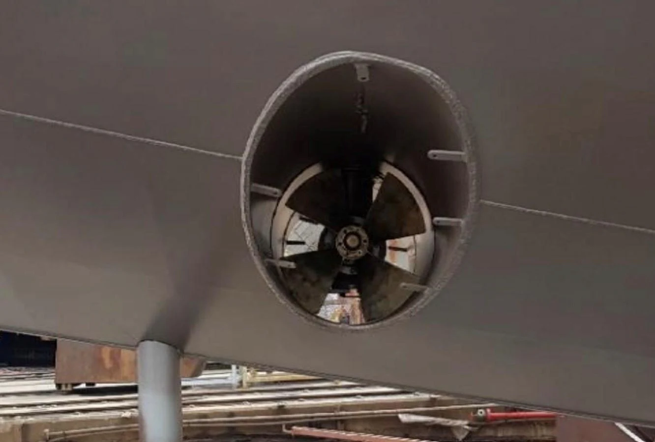 A close-up view of the yacht's thruster, showcasing its engineering and design. aboard NIRVANA Yacht for Sale