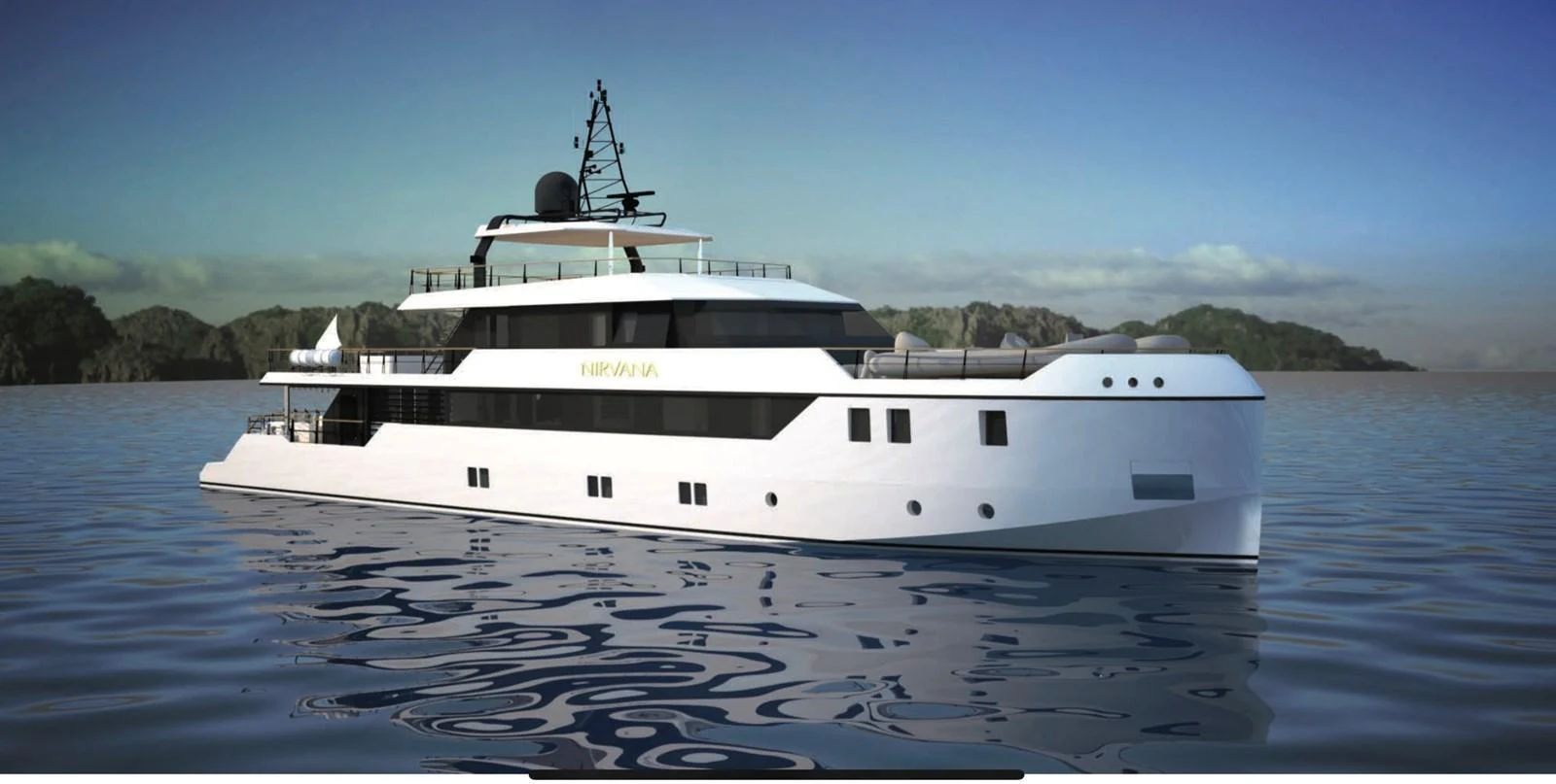 A sleek and modern yacht glides gracefully on calm waters with a scenic backdrop. aboard NIRVANA Yacht for Sale