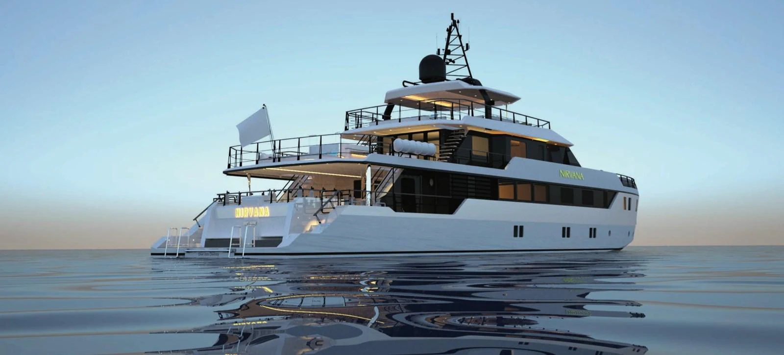 A sleek and modern yacht is anchored on calm waters during a serene sunset. aboard NIRVANA Yacht for Sale