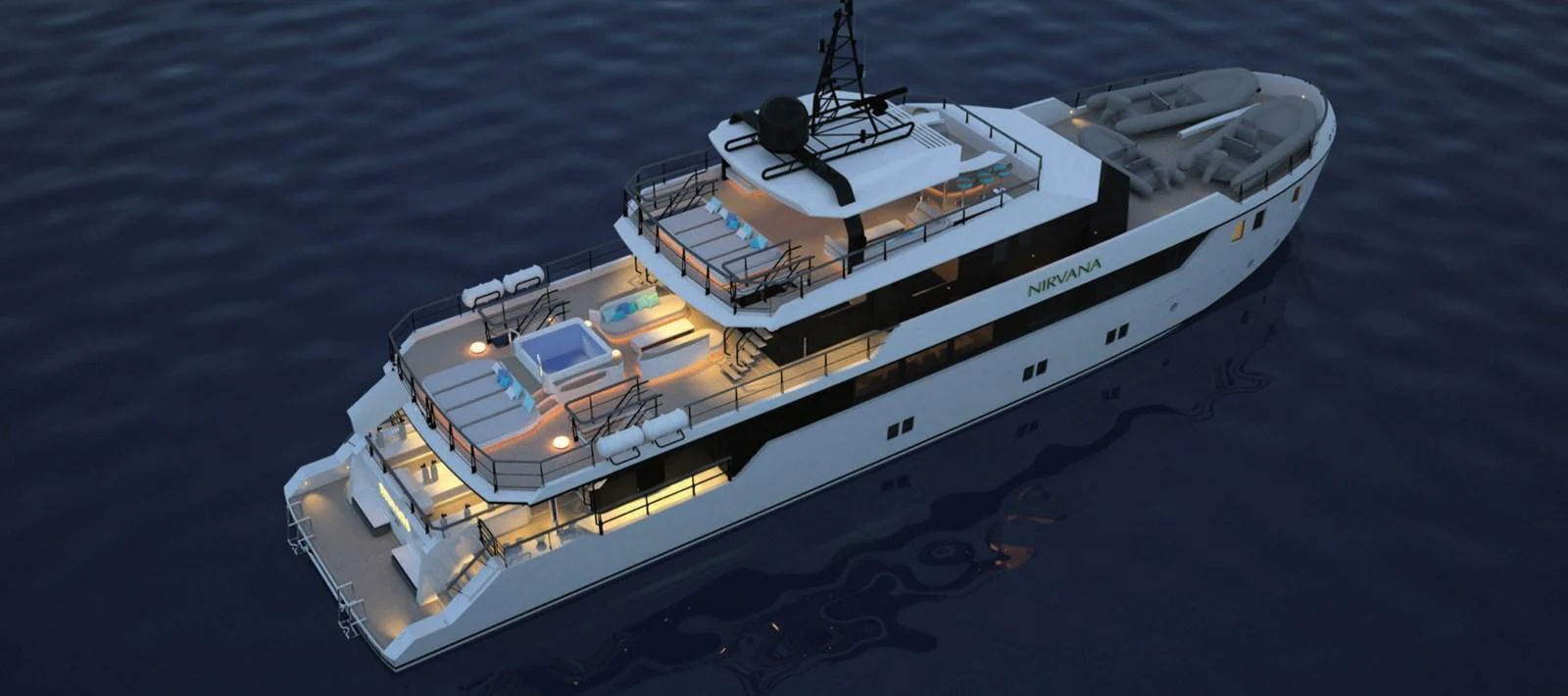 A sleek and modern yacht illuminated beautifully against the evening waters. aboard NIRVANA Yacht for Sale