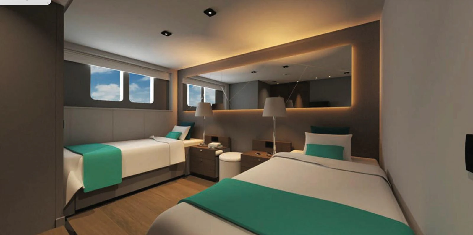 The guest stateroom features twin beds with modern decor and ample natural light. aboard NIRVANA Yacht for Sale