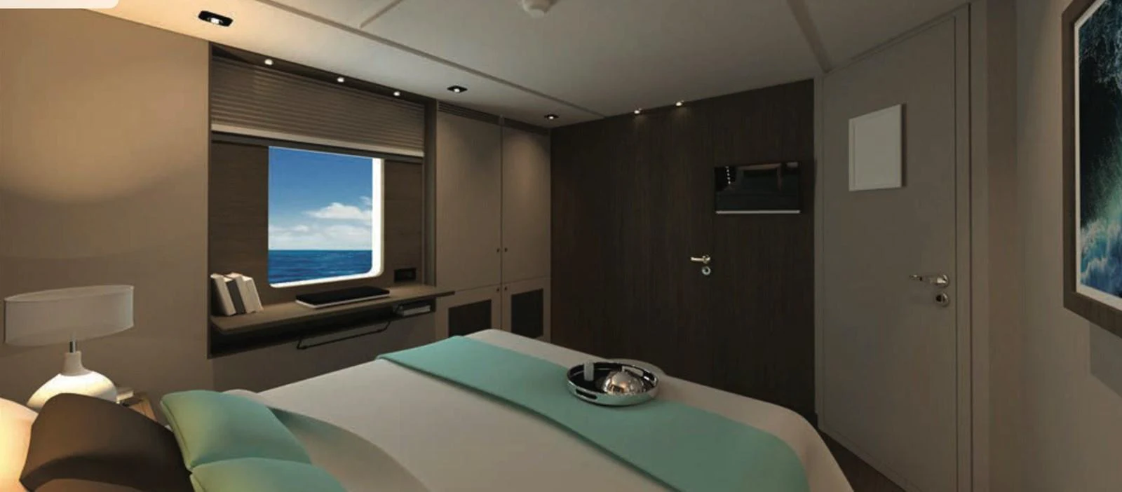 The stateroom features a comfortable bed with a view of the ocean through a large window. aboard NIRVANA Yacht for Sale