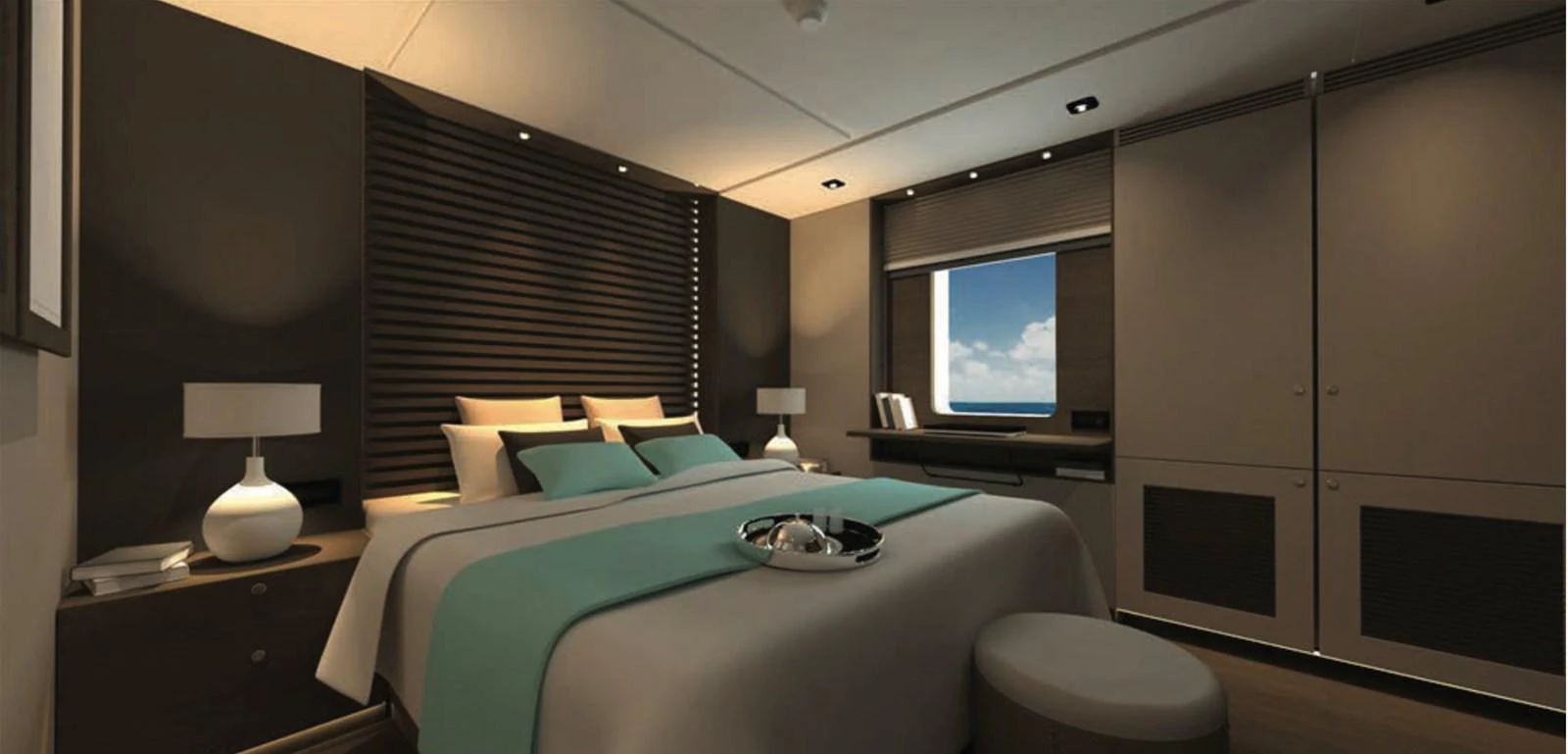 A luxurious stateroom with modern decor and a serene ambiance. aboard NIRVANA Yacht for Sale