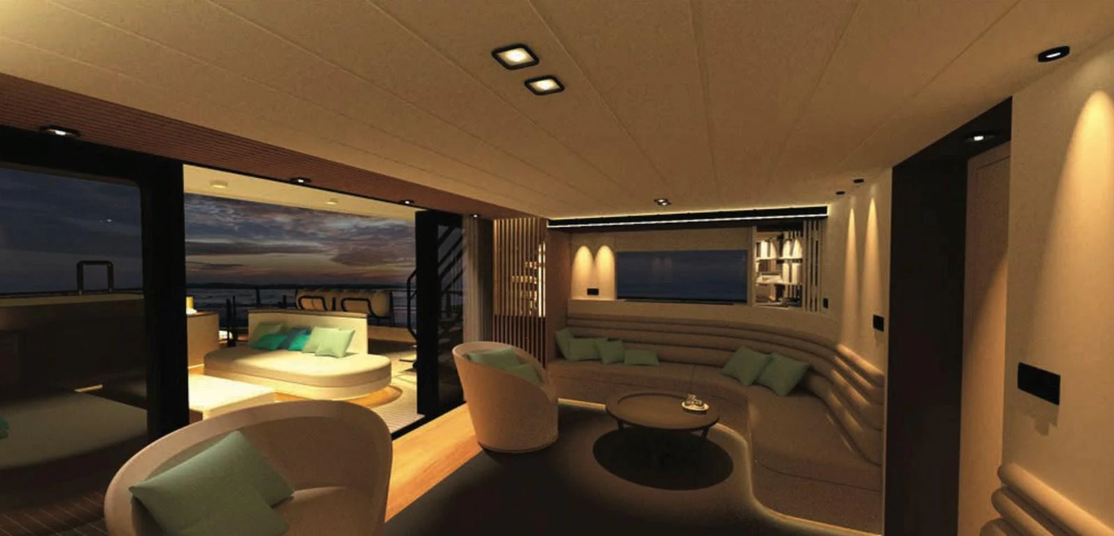 The yacht's salon exudes elegance with its plush seating and ambient lighting, offering a cozy and inviting atmosphere. aboard NIRVANA Yacht for Sale