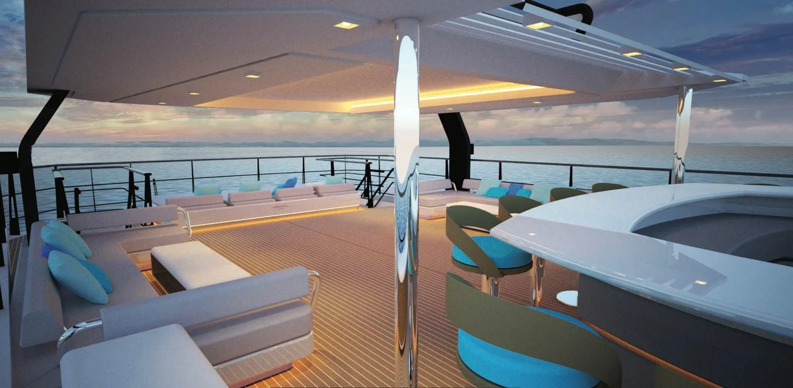 The sundeck offers a luxurious outdoor space with ample seating and stunning sea views. aboard NIRVANA Yacht for Sale