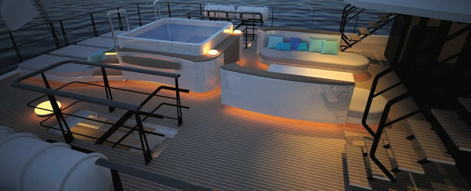The sundeck features a luxurious hot tub and a comfortable seating area, perfect for relaxation. aboard NIRVANA Yacht for Sale