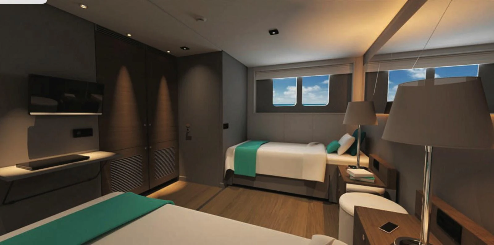 The stateroom features modern decor with twin beds and ample natural light from large windows. aboard SOYASLAN CUSTOM Yacht for Sale