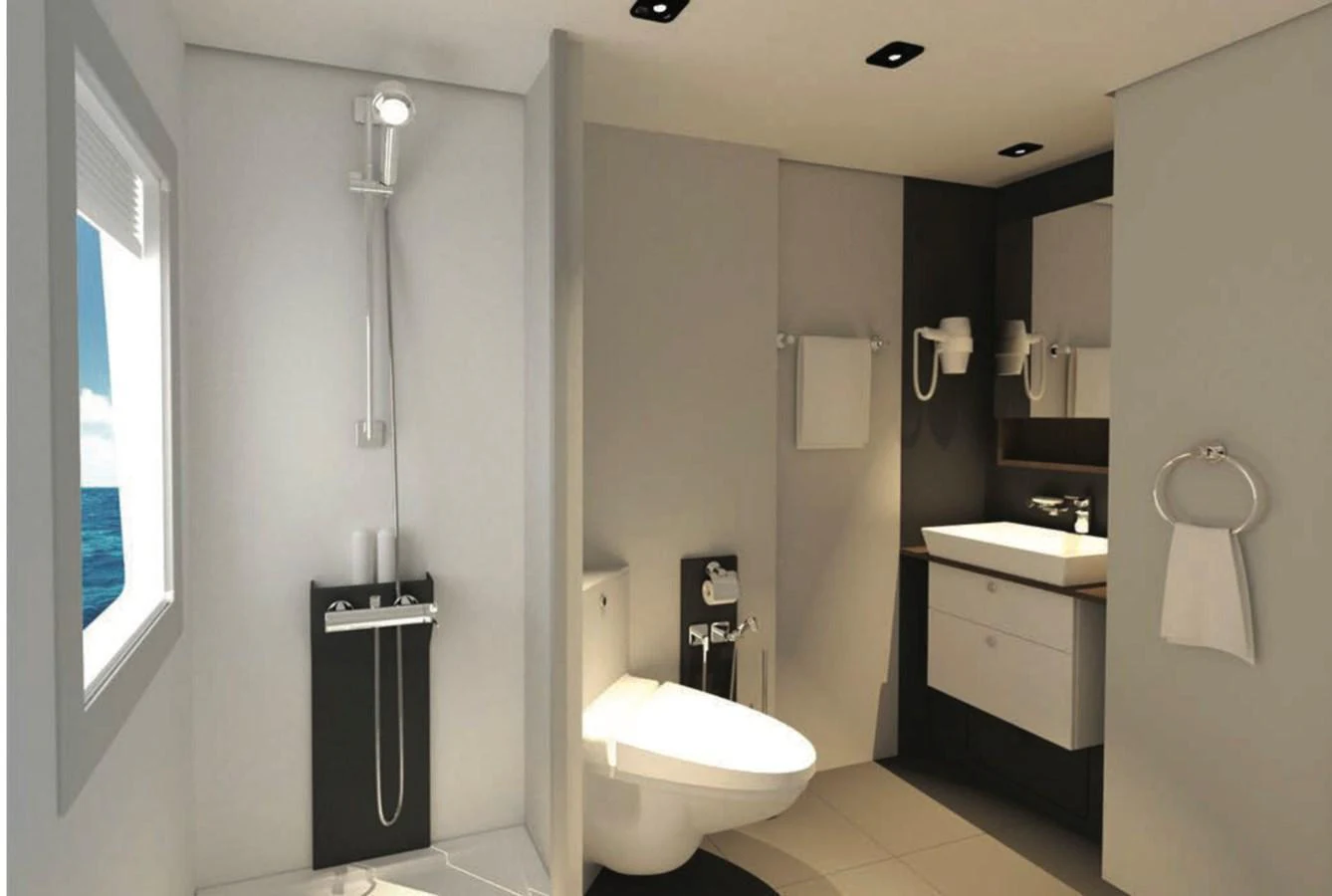The yacht's bathroom features modern fixtures and a sleek design. aboard SOYASLAN CUSTOM Yacht for Sale