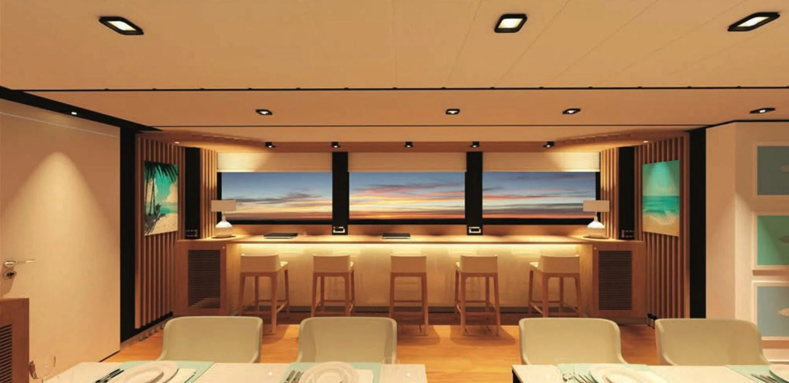 The yacht's dining area features a modern and elegant design with scenic artwork and ambient lighting. aboard SOYASLAN CUSTOM Yacht for Sale