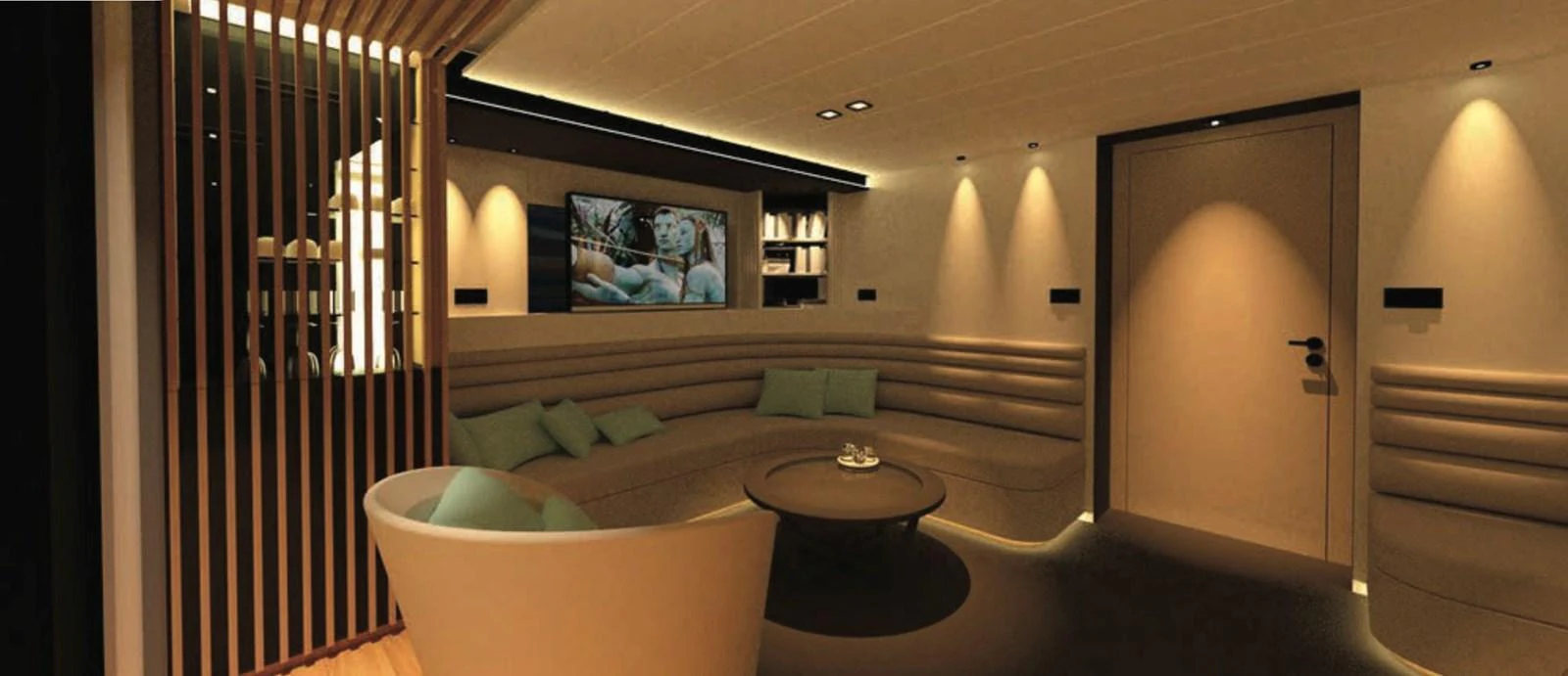 The yacht's salon features a cozy seating area with ambient lighting and modern decor. aboard SOYASLAN CUSTOM Yacht for Sale