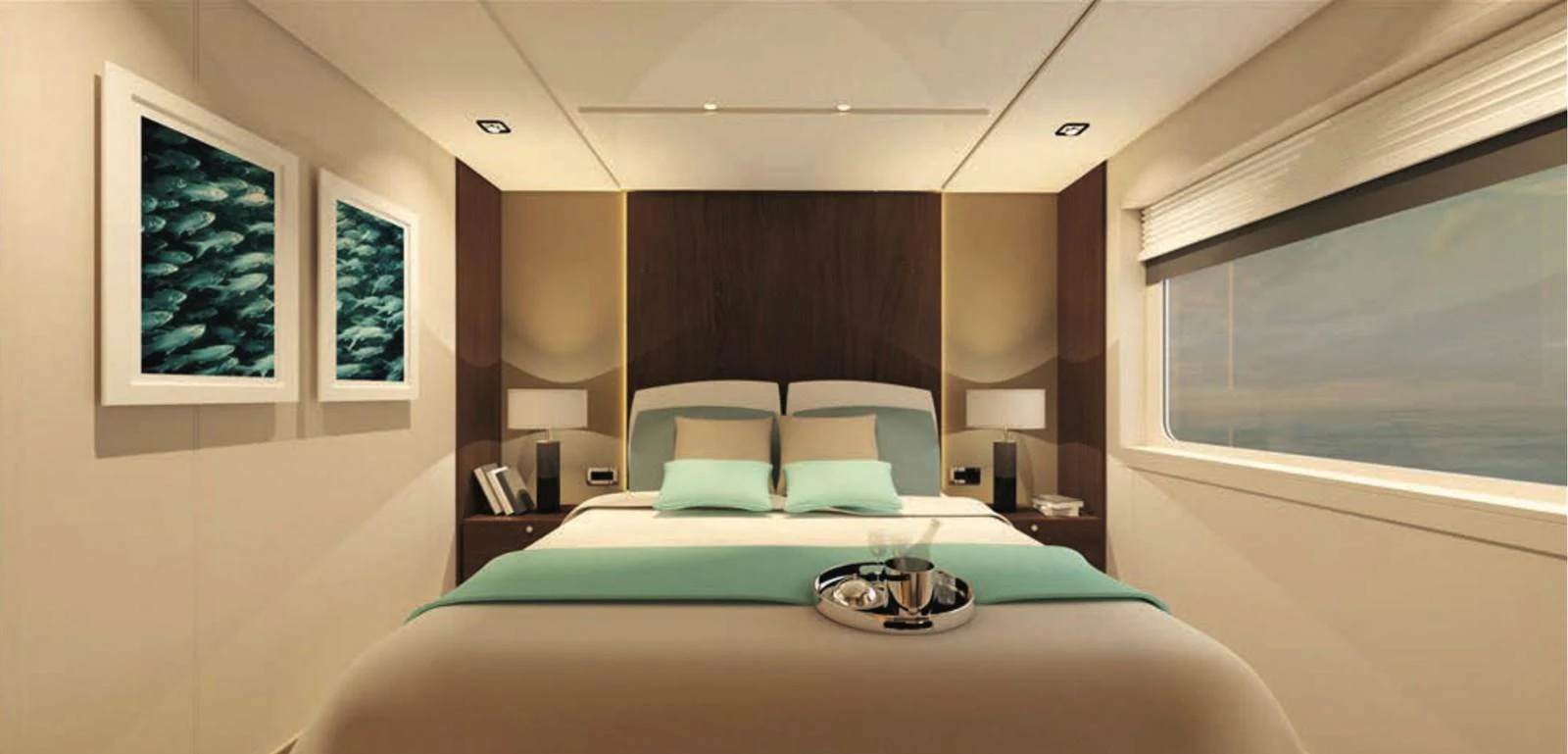 A luxurious stateroom with a large bed, modern decor, and a scenic window view. aboard SOYASLAN CUSTOM Yacht for Sale