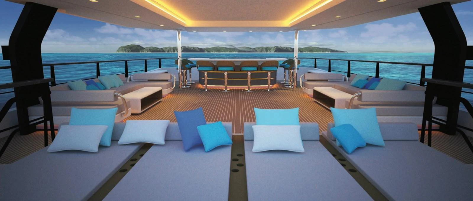 The aft deck offers a luxurious lounging area with plush seating and stunning ocean views. aboard SOYASLAN CUSTOM Yacht for Sale