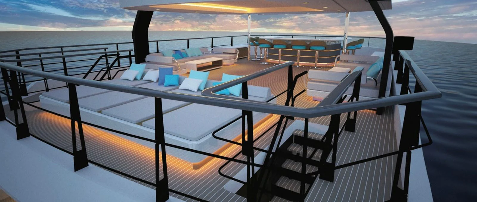The yacht's sundeck features luxurious lounging areas with plush seating and ambient lighting, perfect for relaxation and entertainment. aboard SOYASLAN CUSTOM Yacht for Sale