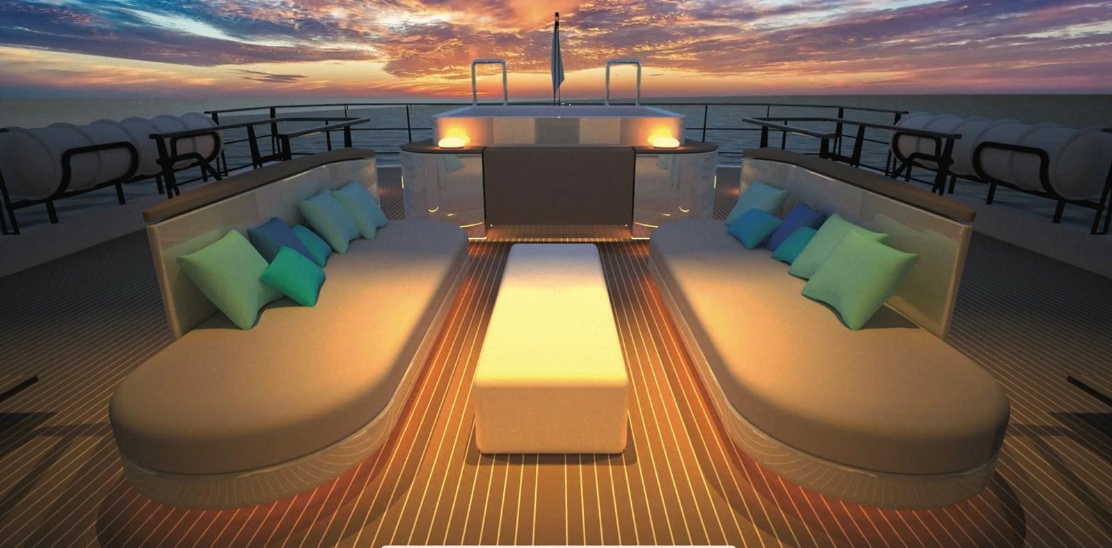 The sundeck features luxurious seating arrangements with ambient lighting, perfect for enjoying sunsets at sea. aboard SOYASLAN CUSTOM Yacht for Sale