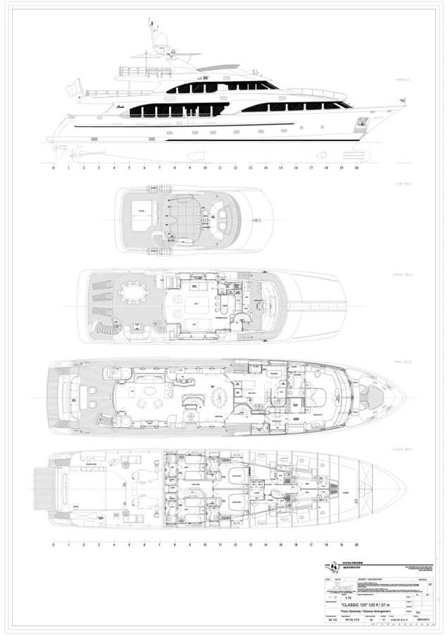 This is a detailed technical drawing of a yacht, showcasing multiple deck layouts and the side profile. aboard SOHO Yacht for Sale