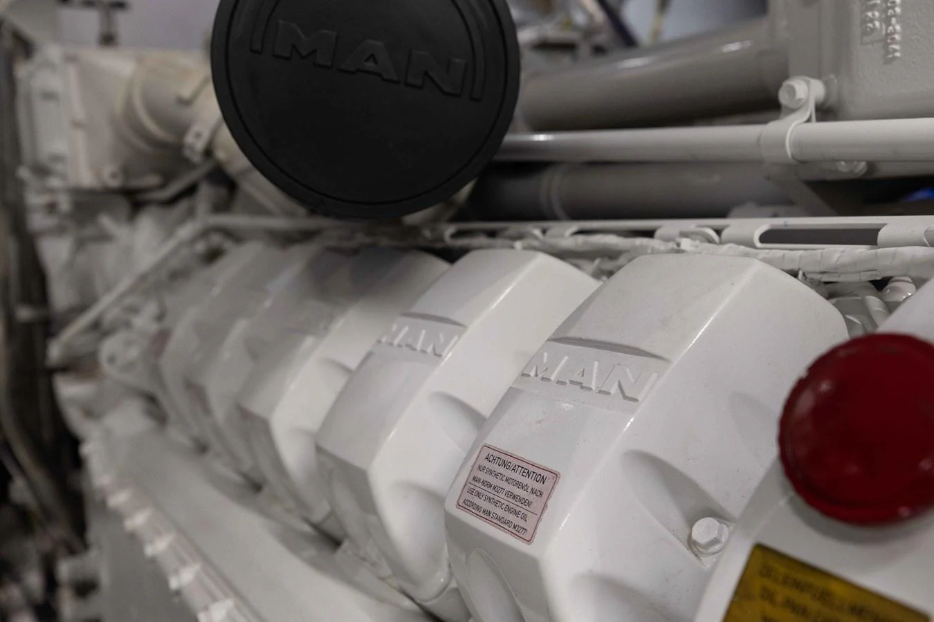 A close-up view of the yacht's engine components, showcasing the precision engineering. aboard CHAMELEON Yacht for Sale
