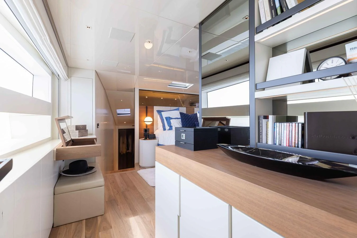 The stateroom features a modern design with ample natural light and elegant furnishings. aboard CHAMELEON Yacht for Sale