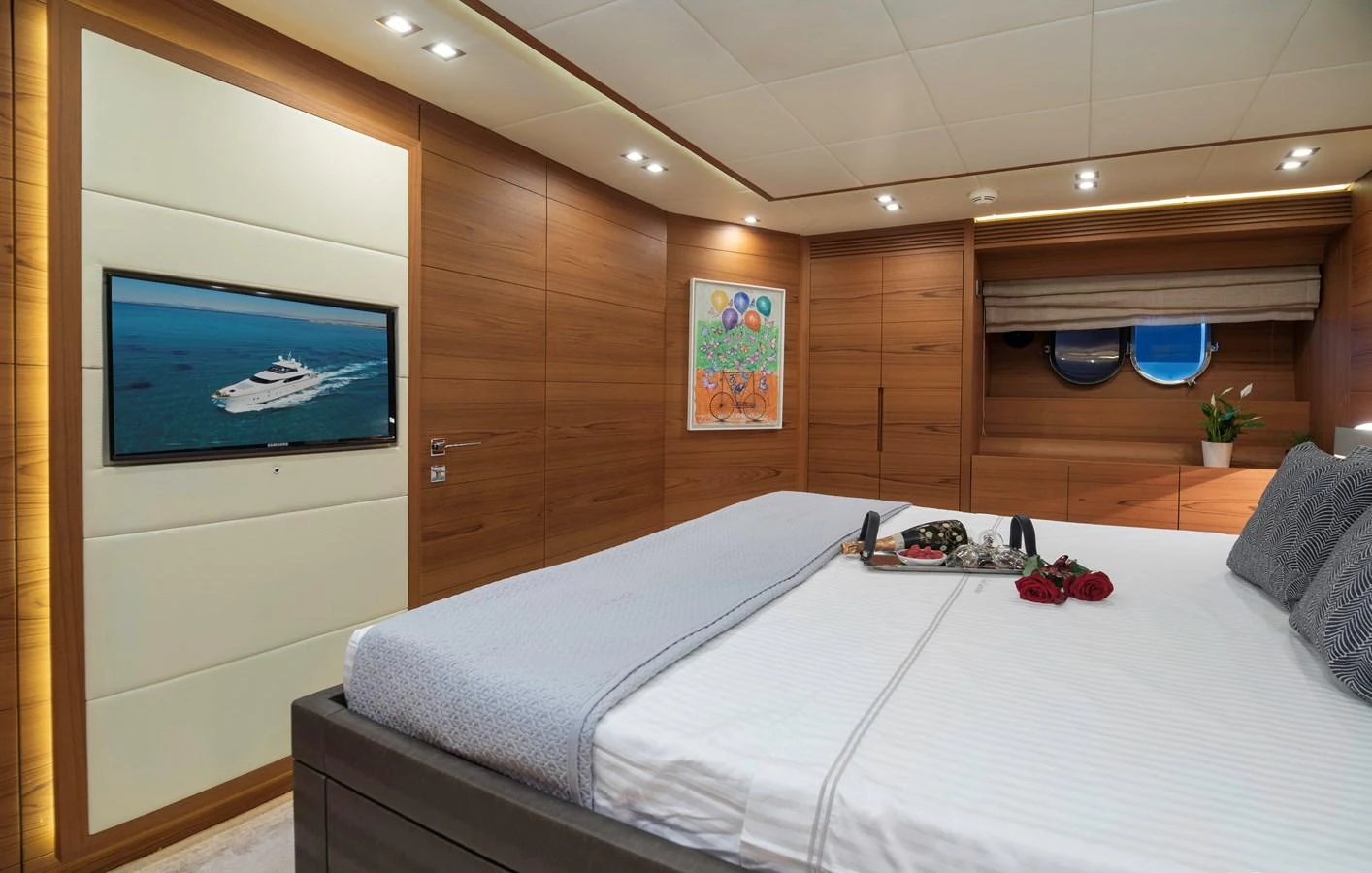 a bed in a room aboard EL PECADO Yacht for Sale