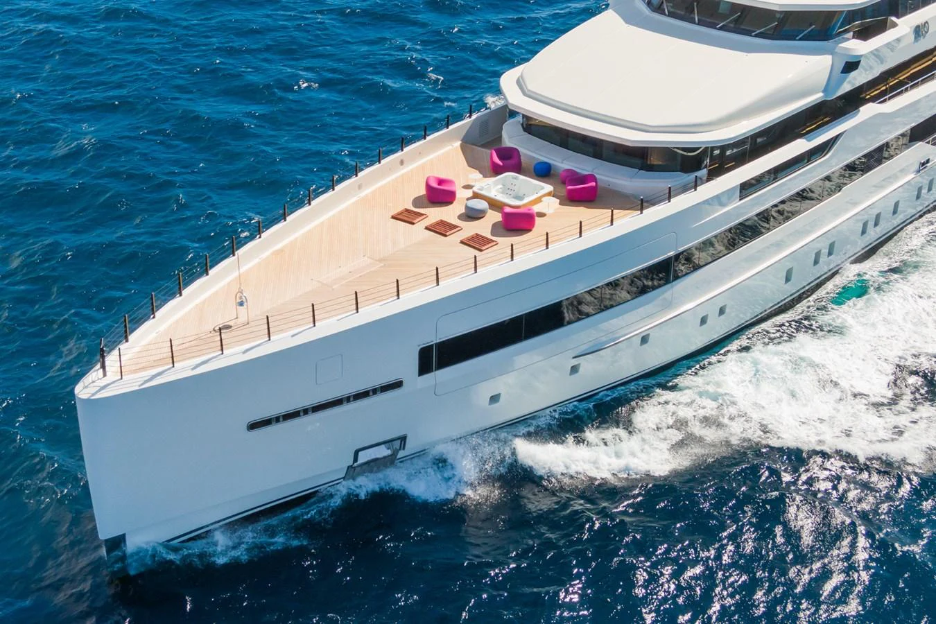 The yacht's sleek foredeck features stylish seating arrangements and offers a luxurious space for relaxation. aboard RIO Yacht for Sale